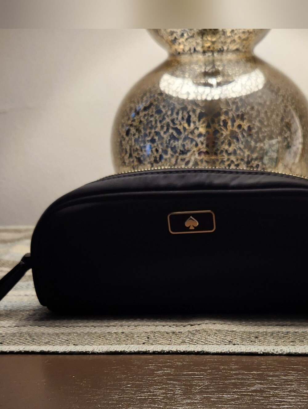 kate spade black nylon zip cosmetic pouch with gold spade plaque